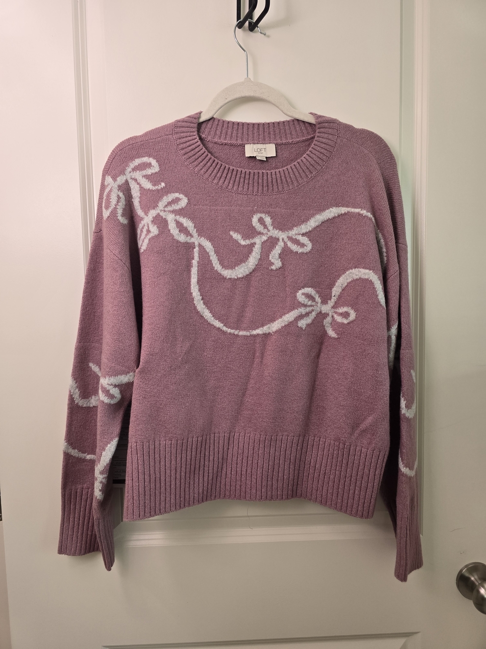 LOFT Mauve Crewneck Sweater with White Bow Motif